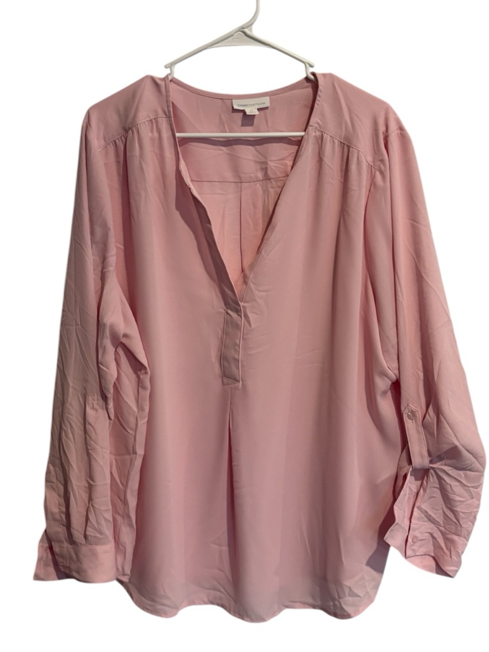 Charter Club Women's Split Neck Top With Roll Tab Sleeves, Pink  Size XXL